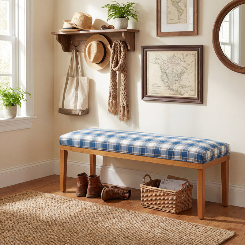 Banc de hall d'entrée moderne avec coussin en tissu, siège de couloir de 53 po pour chaussures, pieds en bois, revêtement en tissu écossais bleu
