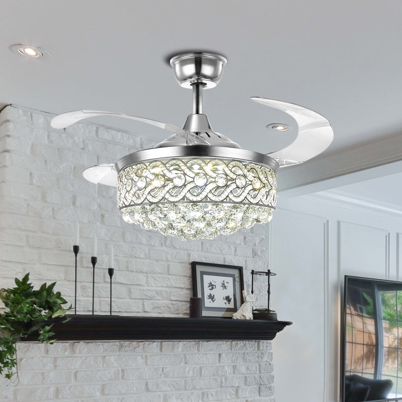 42''Retractable Crystal Chandelier Fan With Remote Control 3 Color 3 Speed Change, Silver