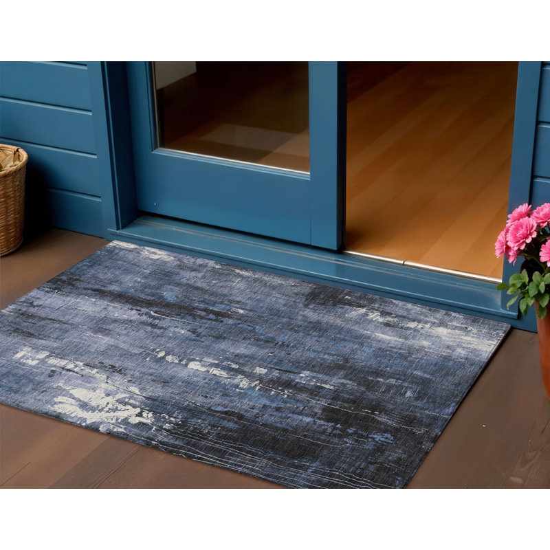3' X 5' Blue And Ivory Abstract Washable Indoor Outdoor Area Rug