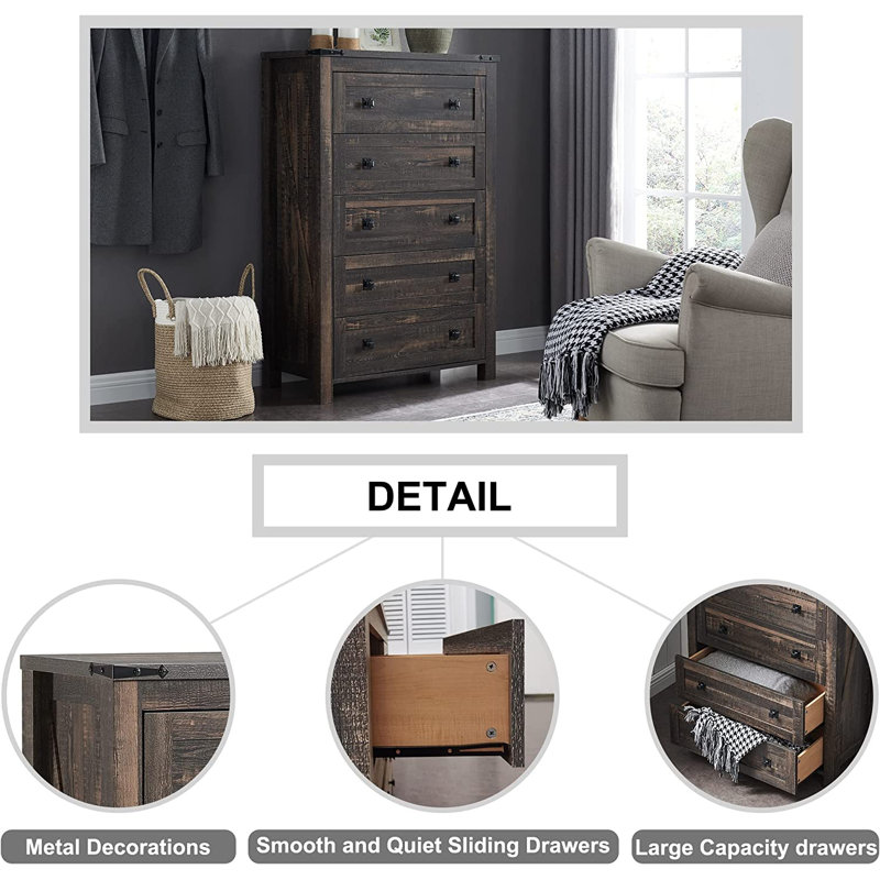 Grantville Farmhouse 5 - Drawers Dresser Organizer, Rustic Tall Chest of Drawers for Bedroom