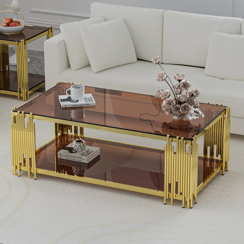 Table basse à deux niveaux avec dessus en verre et plateau en verre L 43,3 po x l 23,6 po Kyric