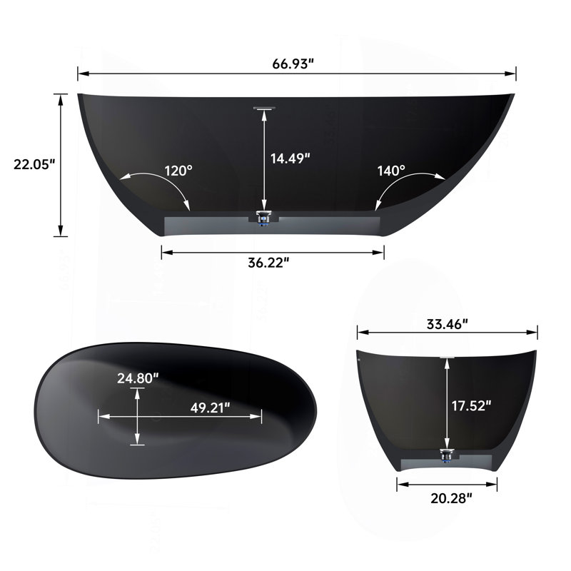 67" Premium Solid Surface Deep Soaking Bathtub, Matte Black