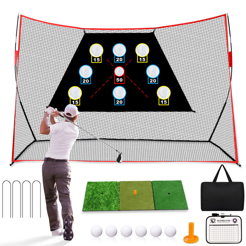 Filet de golf, filet de pratique de golf de 10 pi x 7 pi avec chiffon de pointage, tapis de jeu, balles, té, sac de transport, tableau de pointage, filets de frappe portatifs pour la cour arrière