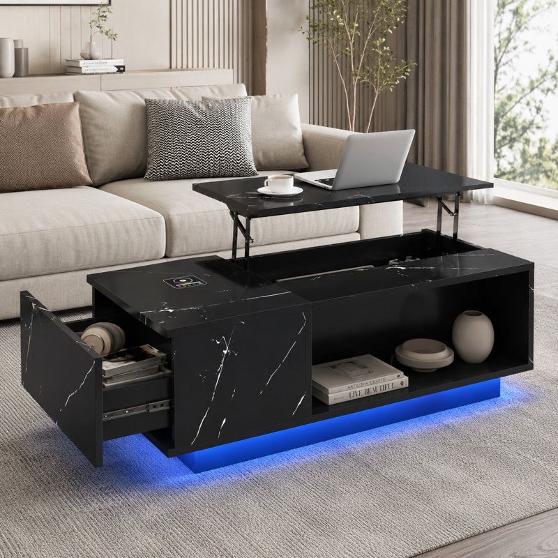 47.2" LED Coffee Table with Storage, Lift Top Coffee Table with Drawer& Hidden Compartment, High Gloss Smart Coffee Table with Wireless Charging, Bluetooth Speaker & USB Ports for Living Room, Black
