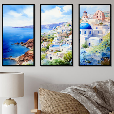 «Blue and White Santorini Village III - Grèce», art mural