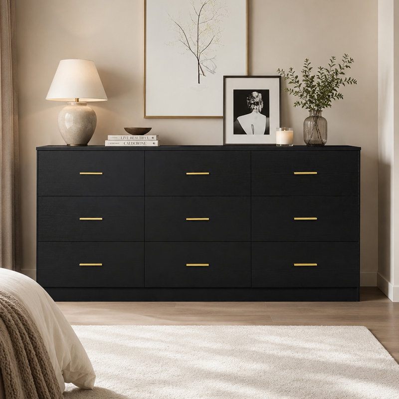 63 Inch 9 Drawer Dresser Chest Large Storage Cabinet for Bedroom Living Room, Black