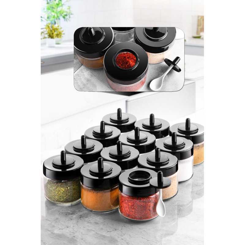 Ensemble de pots à épices, verre noir, 3,9 x 3,9 x 3,7 pouces | Capacité de 10,1 oz liq. Chacune | 100% lavable au lave-vaisselle | Conception élégante pour l'organisation de la cuisine | Parfait pour les épices, les herbes et les assaisonnements