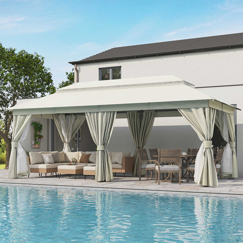 Creamy White Steel Patio Gazebo with Mosquito Netting and Curtains