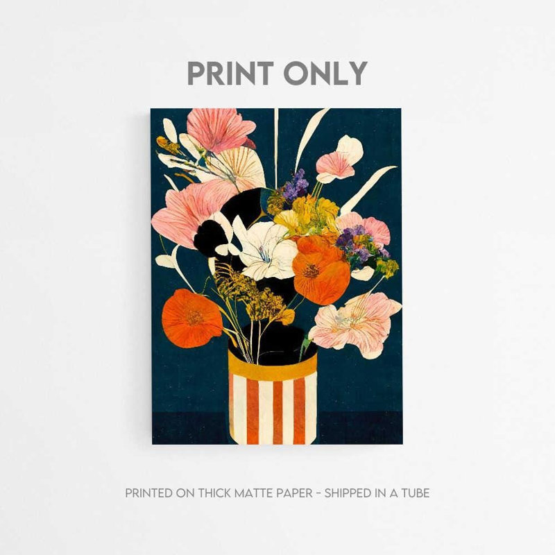 «Striped Vase Bouquet - Modern Floral Still Life», reproduction d'art, H 48 po x l 36 po, Brun