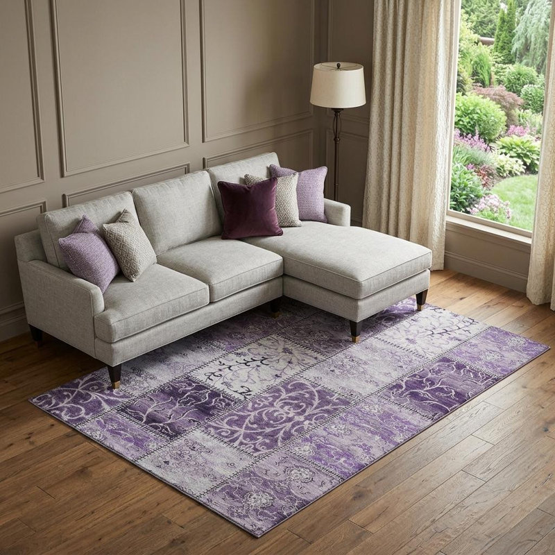 Tapis lavable mauve et ivoire 9 pi x 12 pi avec protection UV