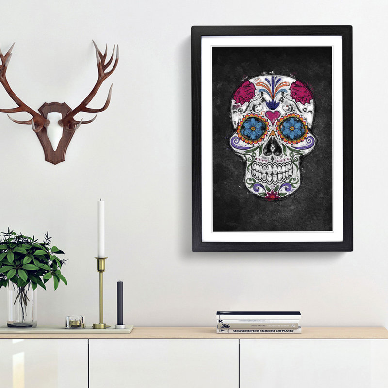 Floral Sugar Skull - Framed Print, 65cm H x 48cm W x 2cm D, Black Framed