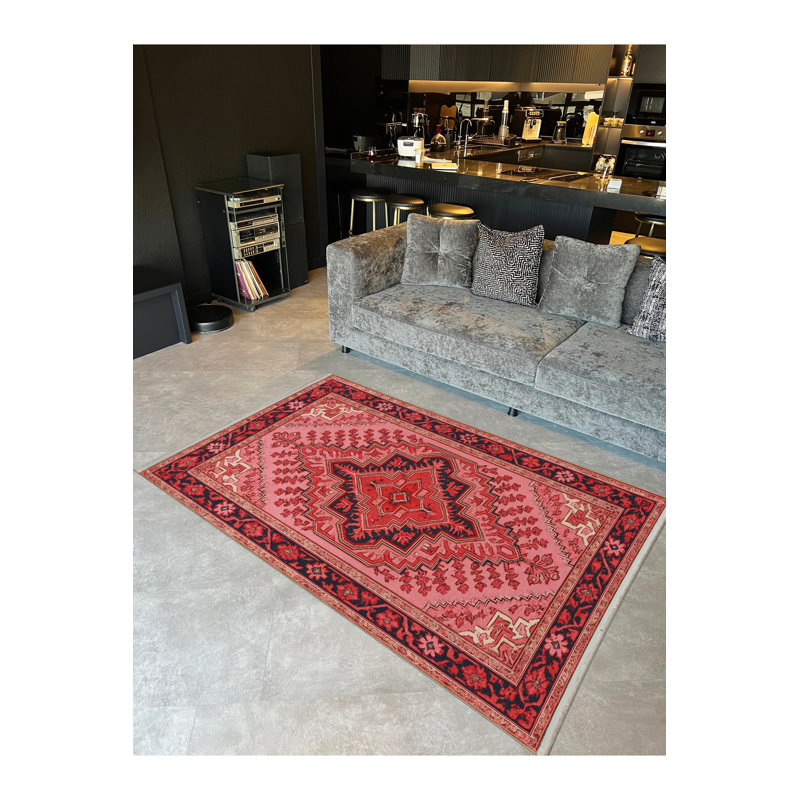 Tapis rose tissé à envers lavable traditionnel Mosso, 3'3" x 9'10"