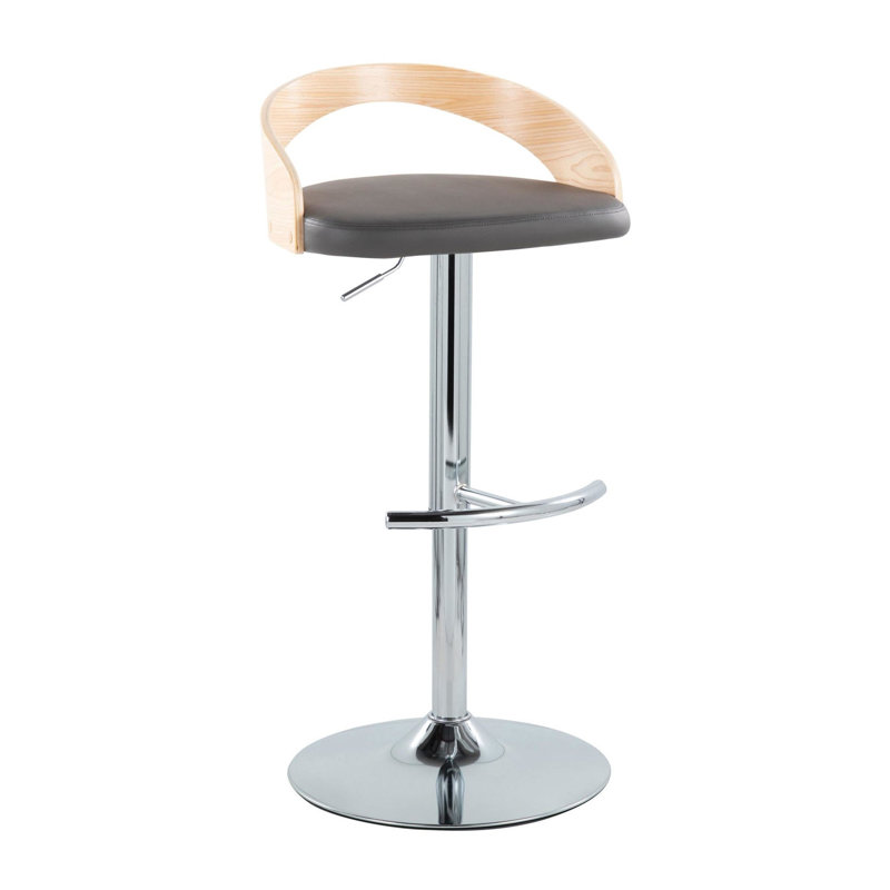 Ensemble de 3 tabourets de bar pivotants à hauteur réglable, coloris naturel et gris, avec base et repose-pieds chromés.