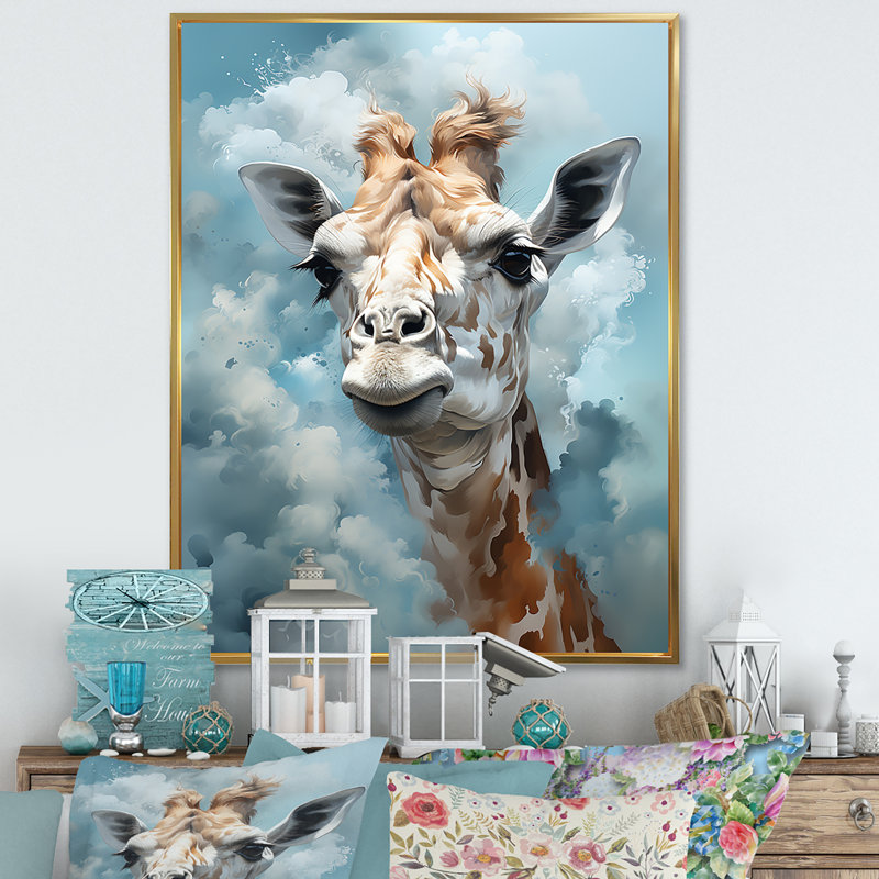 " Blue Giraffs In Harmony ", 40" H x 30" W x 1.5" D, Gold Floater Framed
