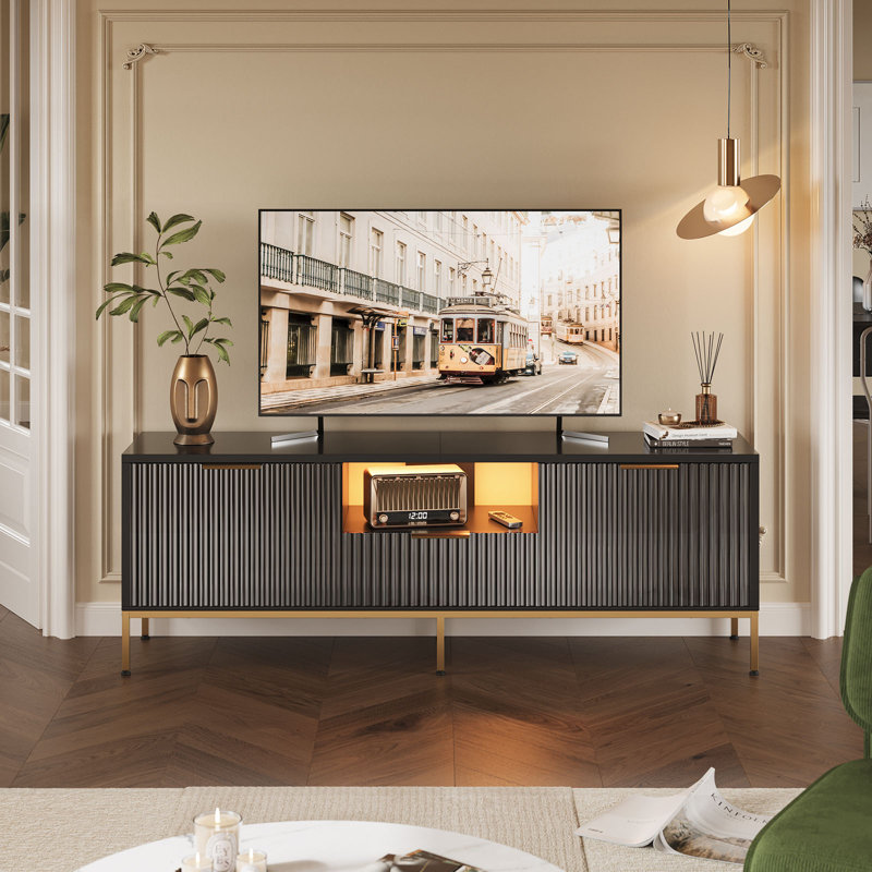 Fluted TV Stand, Glossy Media Console with Wave Pattern Buffet Cabinet, 54cm H x 140cm W x 35cm D, Black