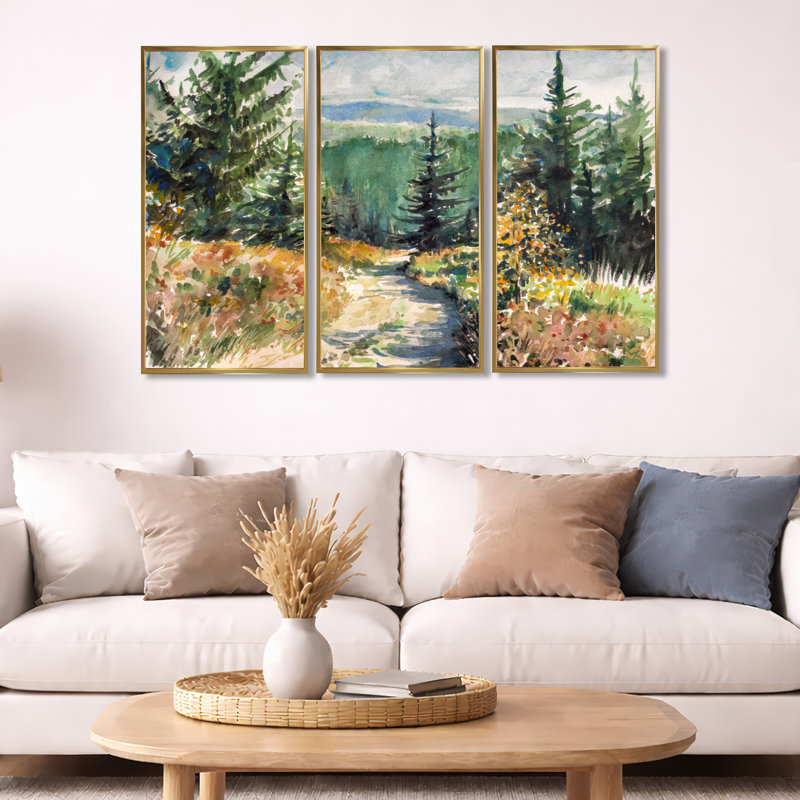 «Little Road In Mountain Landscape», ensemble d'art mural sur toile encadré champêtre, H 28 po x l 36 po, Doré