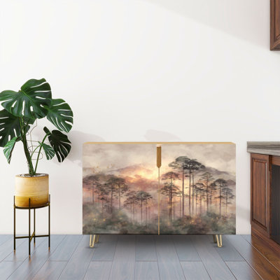 Sideboard Buffet Cabinet with Storage Vertical Watercolor Misty Pine with 2 Doors for Living Room and Kitchen