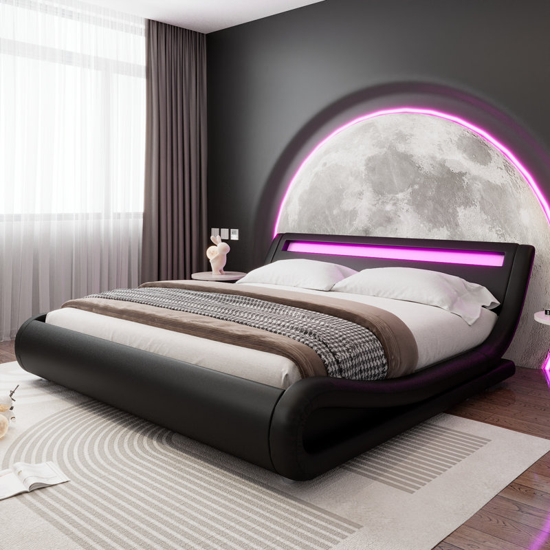 LED Platform Bed Frame With Adjustable Headboard, King, Black