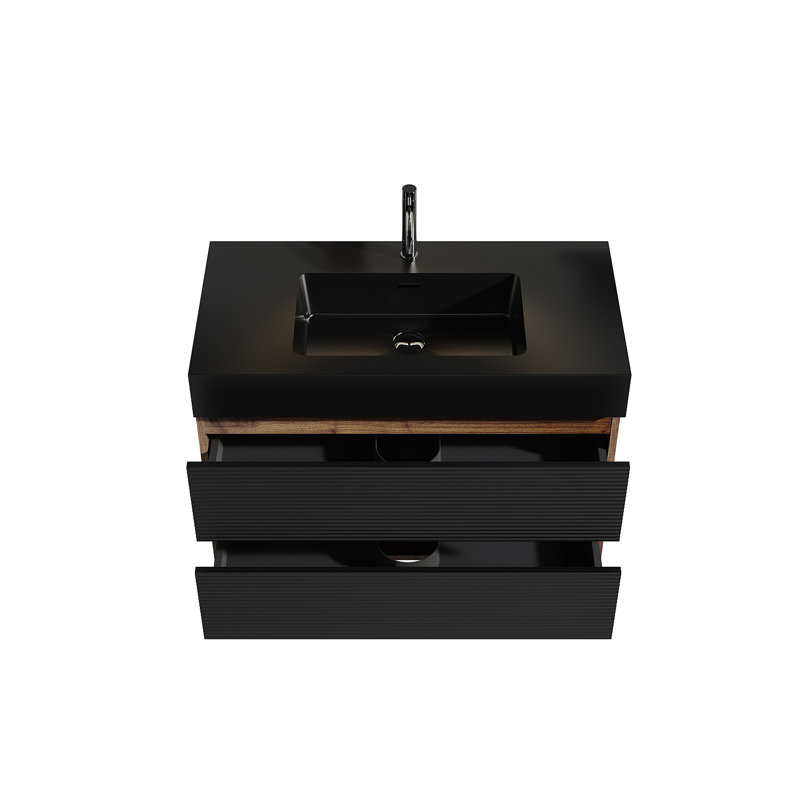 Meuble-lavabo en noyer de 36 po Grace avec lavabo en quartz noir mat et tiroirs noirs doux, meuble-lavabo mural flottant pour salle de bain moderne, lavabo une pièce noir mat, KD