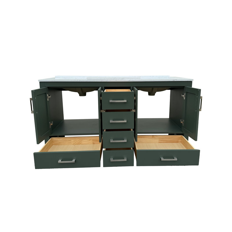 Meuble-lavabo 60 po avec lavabo double et trou pour robinet, meuble-lavabo de salle de bain avec 4 portes et 6 tiroirs en vert
