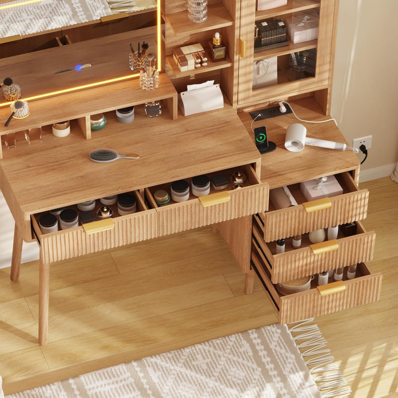 5 Drawer Makeup Vanity Desk With Lights & Power Outlet, Modern Fluted Design, 23.6" HD Lighted Mirror, Solid Wood Legs