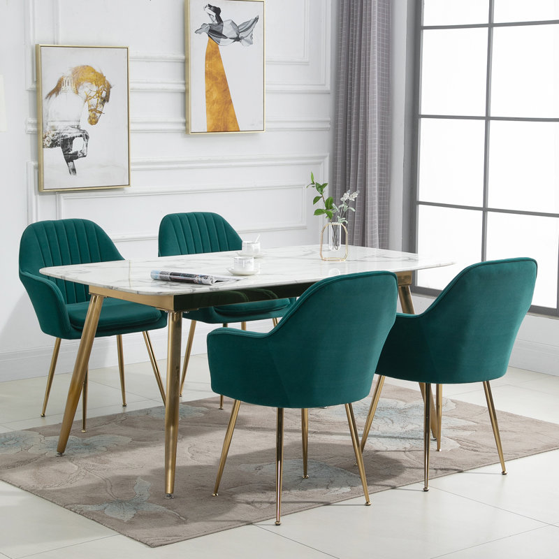 Green Velvet Upholstered Arm Chair with Gold Metal Legs, Set of 4