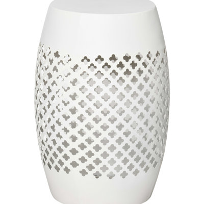 12.5" Steel Patio End Table, Round Hollow Drum Side Table In White, Weather- For Garden, Backyard, Patio, Indoors Outdoor Drum, To Harsh Conditions Indoor