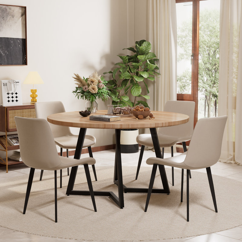 Ensemble de table de salle à manger Mid-Century, Crème, crème, Bois naturel, 5