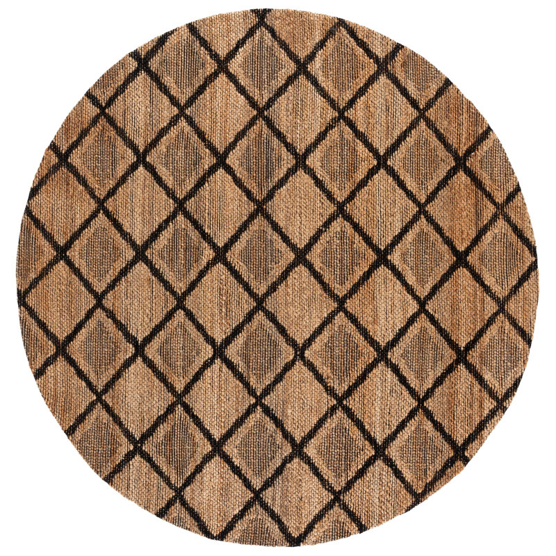Coutu Natural Fiber Handloomed Jute Cotton Geometric Rug in Natural/Black, Round 7'