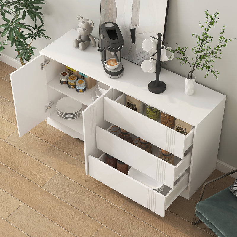 Modern Kitchen Buffet Villepinte with Storage, Adjustable Shelves, and Spacious Drawer for Enhanced Organization and Style.