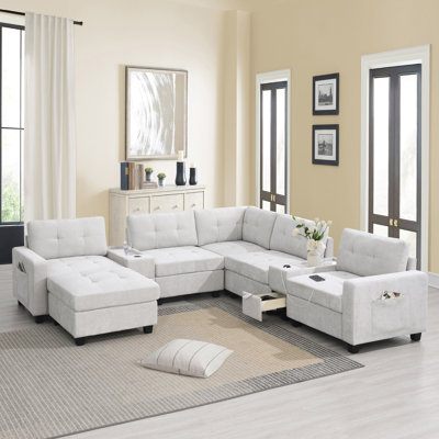 Canapé modulaire de 104 po avec plateau en acrylique, ensemble de canapé en U en chenille avec 2 consoles, chargeur USB, tiroirs et poches de rangement, repose-pieds mobile, canapé capitonné pour salon, appartement