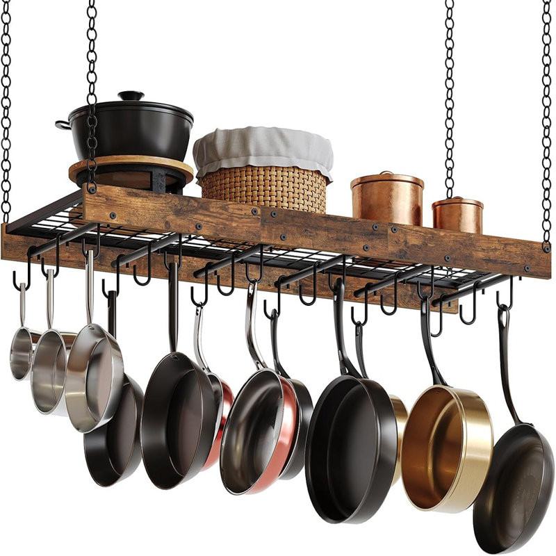 Support à casseroles suspendu industriel pour la cuisine - Organisateur de batterie de cuisine mural avec 18 crochets pour casseroles et poêles, brun rustique et noir