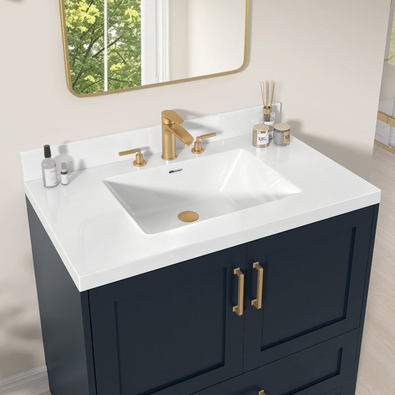 36" W x 21" D Solid Surface Bathroom Vanity Top with Integrated Center Single Sink 3.5" Backsplash 8" Widespread 3 Hole Faucet