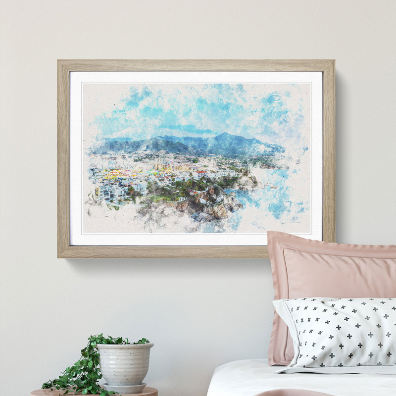 Skyline of Nerja in Spain - Picture Frame Painting Print, 45cm H x 63cm W x 2cm D, Oak Framed