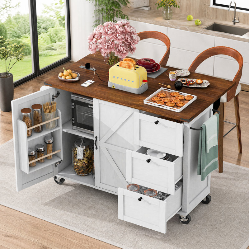Îlot de cuisine de style campagnard de 54,5 pouces avec abattant et prise électrique, White