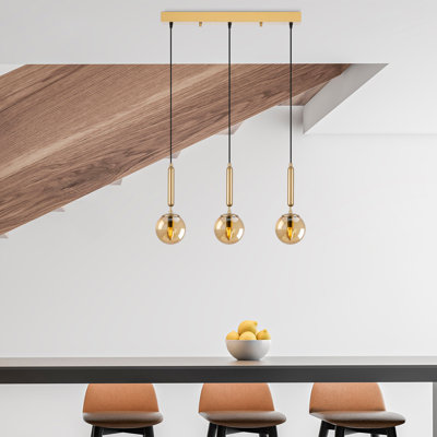 Modern Gold Chandelier with Adjustable Height, 24.4 x 5.9 x 52.8 inches | Metal Body & Glass Cap, 3 x E14 Sockets (Max 40W) | Elegant Scandinavian Design, Perfect for Living Room & Dining Spaces, IP20 Rated