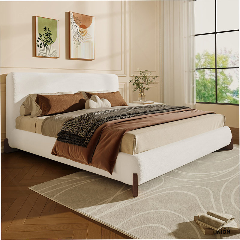 Elegant Terry Upholstered Bed With Dark Brown Solid Wood Legs, Luxurious And Comfortable Queen Size Bedroom Centerpiece, White