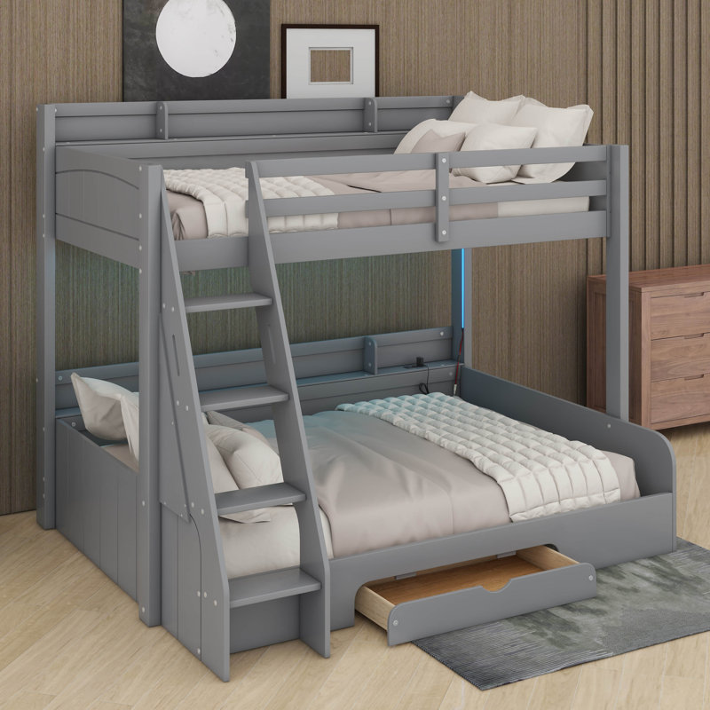 Twin Over Full Bunk Bed With Charging Station And Drawer, Gray