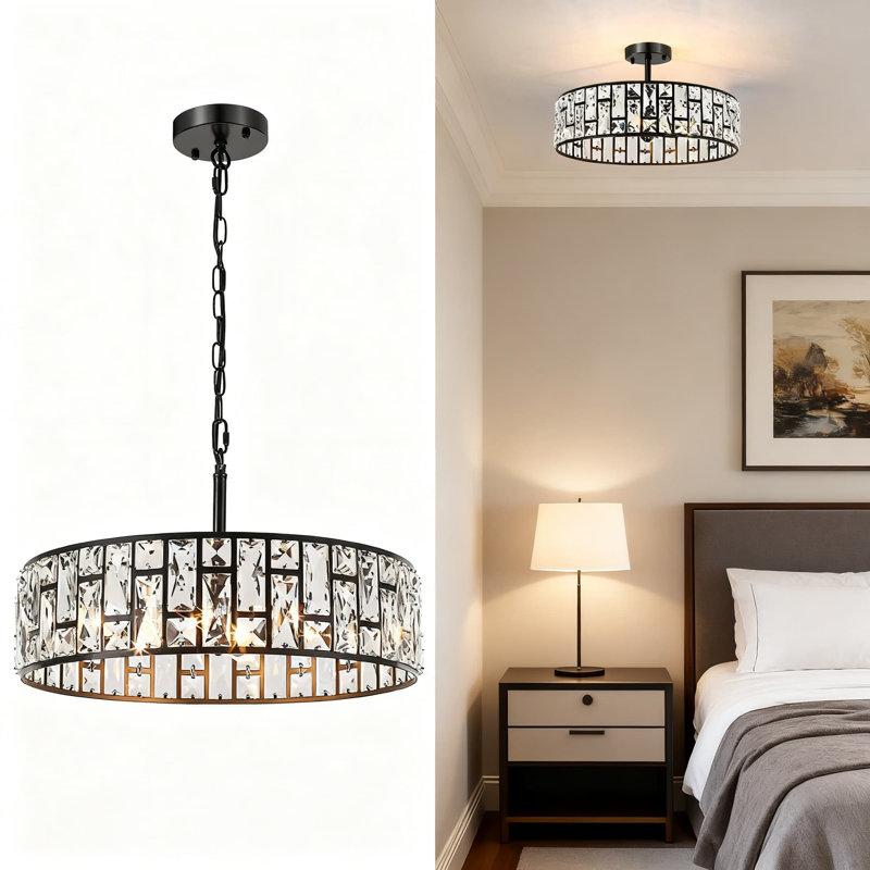 Lustre moderne en cristal noir à 5 lumières avec chaîne ajustable, plafonnier semi-encastré à intensité variable pour salle à manger, salon, cuisine et chambre à coucher