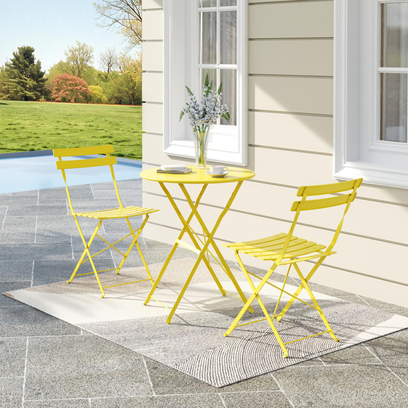 3 Piece Outdoor Folding Bistro Set, Metal Frame Patio Table and Chairs, Foldable Balcony Furniture, Yellow