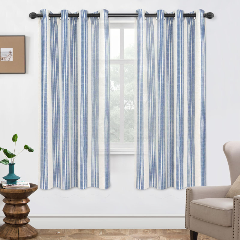 Semi Sheer Grommet Linen Chris Stripe Patterned Curtains, 52" W x 72" L, Navy