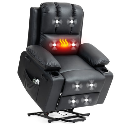 Carmona Chair Pu Leather For Elderly With Massage Heating,electric Lounge Sofa Armchair With Deep Upholstered Seat ,2 Cup Holders ,side Storage Pocket ,for Living Room, Capacity 400 Lbs, Black