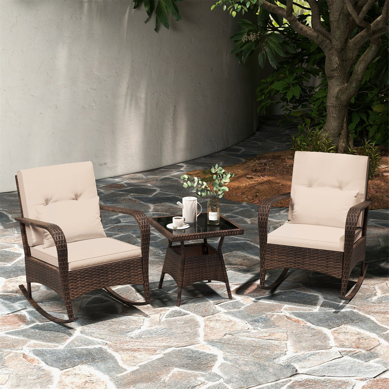 3PCS Outdoor Rocking Set Rattan Rocker Chairs w/ Tempered Glass Coffee Table Wicker Rocker Set, Brown
