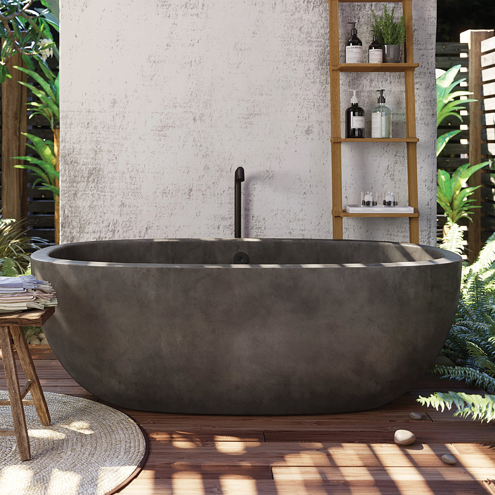Avalon NativeStone Concrete Freestanding Oval Soaking Bathtub, Slate, 23" H x 36" W x 72" L