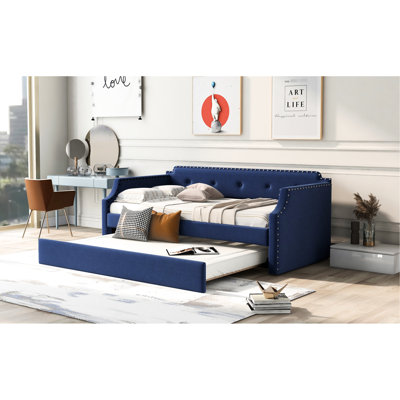 Lit de jour rembourré avec couchette en bleu, tissu de lin simple, lit gigogne à lattes de bois, revêtement bleu, fabrication sécurisée