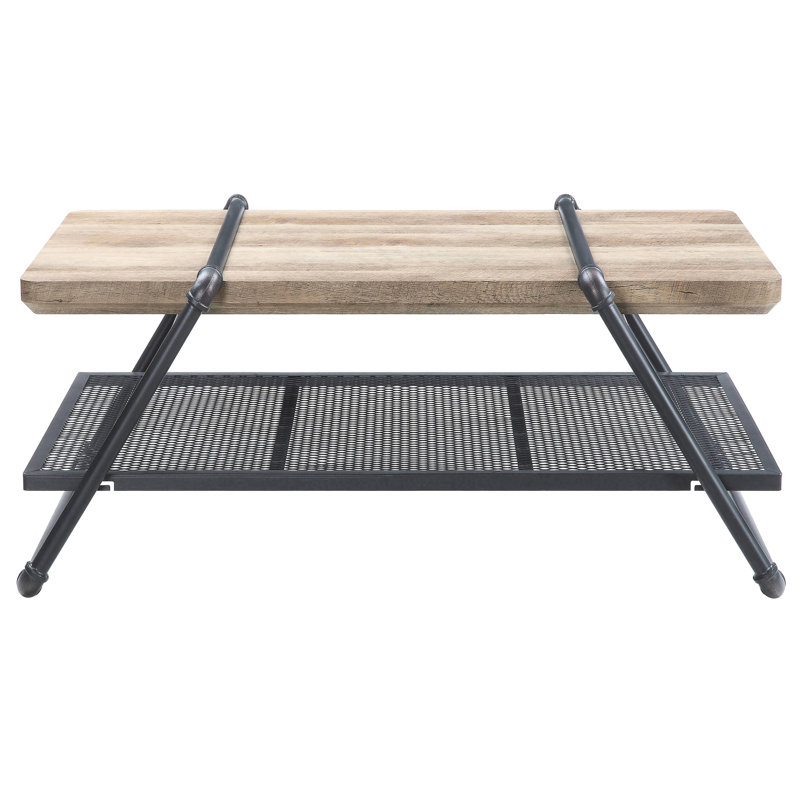 Wooden Top Coffee Table With Metal Shelf And Stable Structure - Industrial Aesthetic Piece Rectangular Storage Elegant