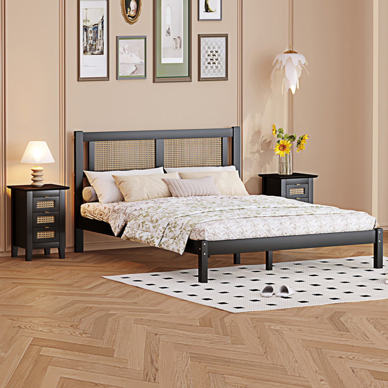 Ensemble de lit plateforme en bois 3 pièces avec tête de lit en rotin naturel, Double, Noir