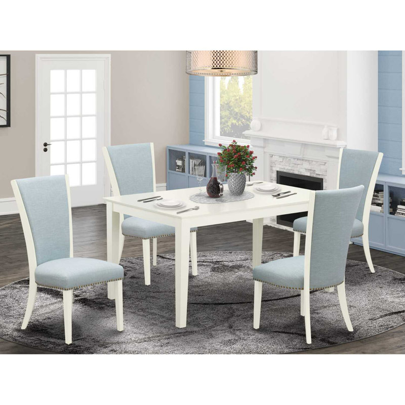 5 Piece Dining Room Table Set Includes a Rectangle Kitchen Table and 4 Baby Blue Linen Fabric Parsons Dining Chairs, Linen White
