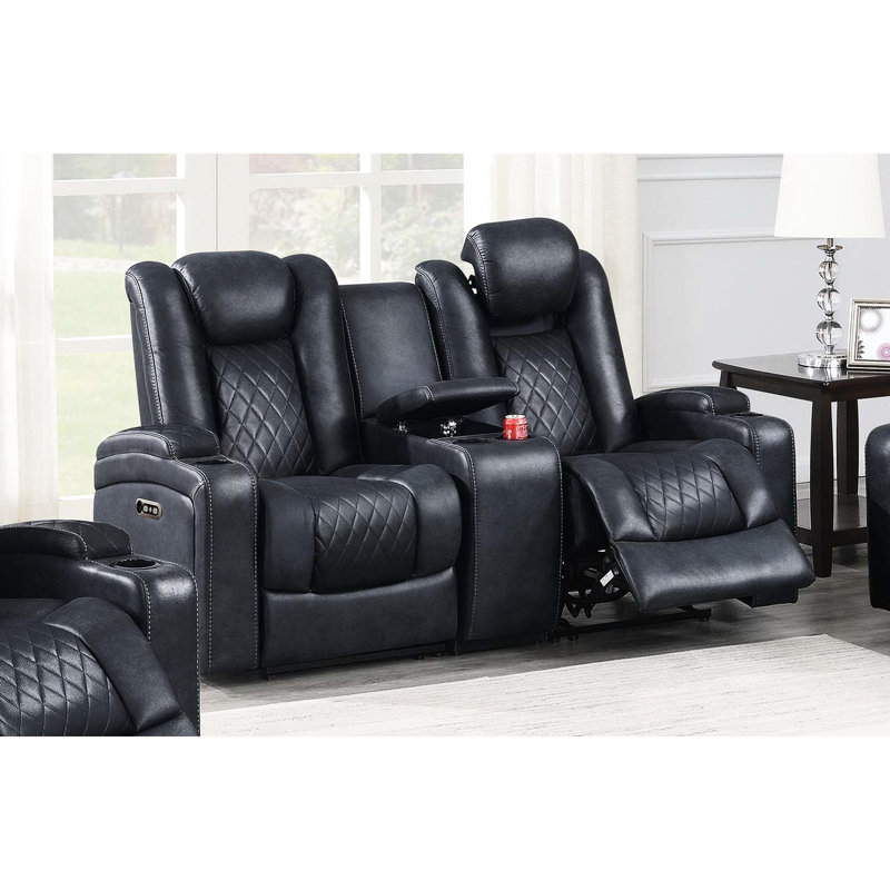 Console inclinable électrique encastrée avec rangement réglable pour le salon, 72 po x 39 po x 41 po, bleu encre, respirante, porte-gobelets le long de la console