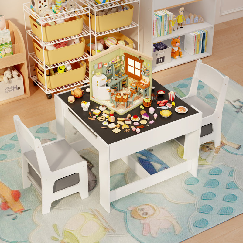 Ensemble multifonctionnel de table et de chaises pour enfants 3 pièces avec plateau amovible, tiroirs de rangement intégrés et tablette ouverte - idéal pour jouer, dessiner, manger et bricoler